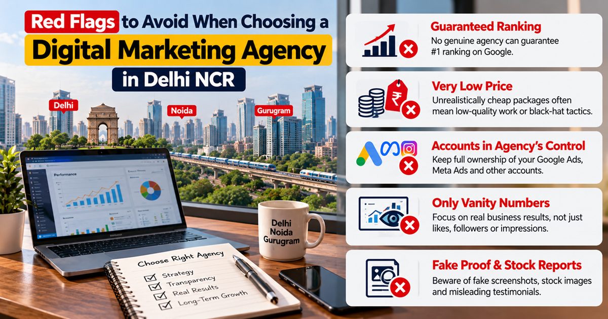 Red flags when hiring a digital marketing agency: guaranteed rankings, very low prices, no account access